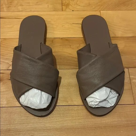 EVERLANE Elegant Mocha Brown Women's Crossover Slide Sandals in Leather - Picture 1 of 3